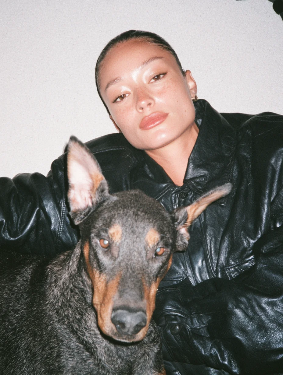 Editorial fashion portrait with doberman prompt