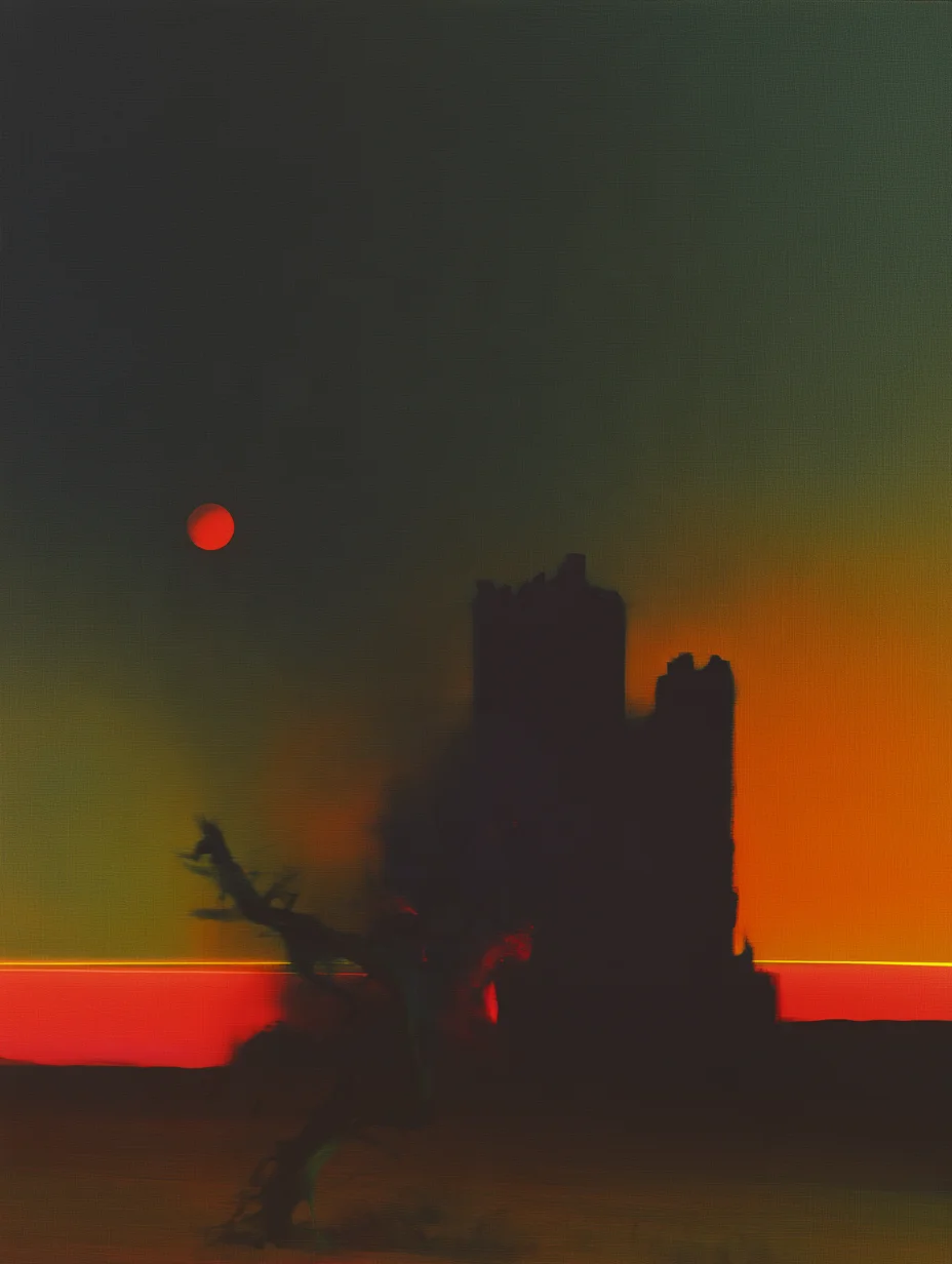 Dystopian fortress sunset landscape prompt