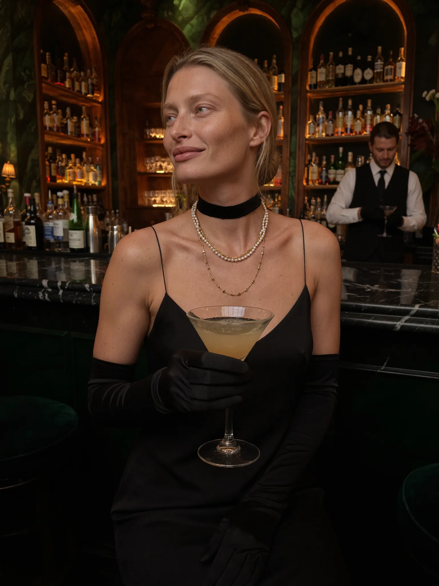 Elegant cocktail bar fashion portrait prompt