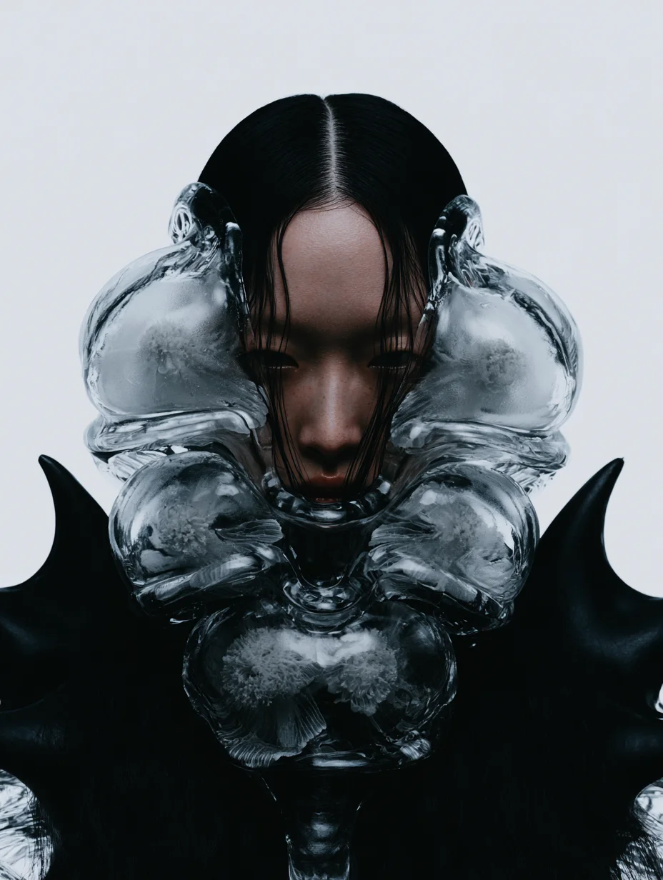 Hyperrealistic avant-garde glass sculpture fashion prompt