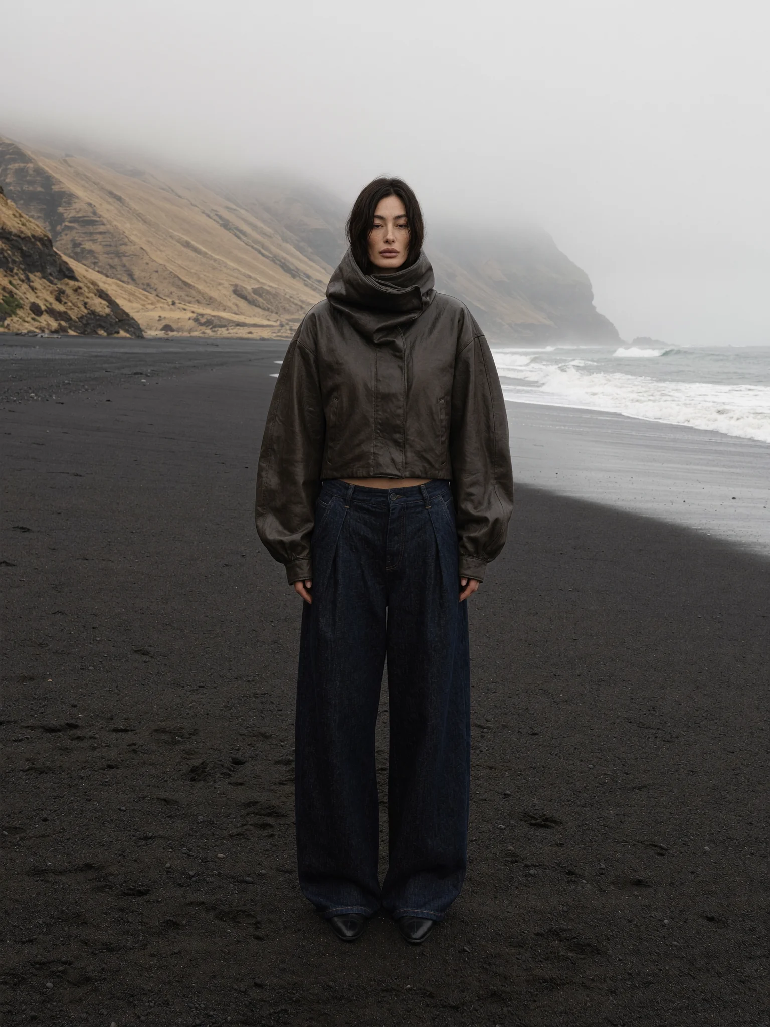 Moody Icelandic beach fashion editorial prompt