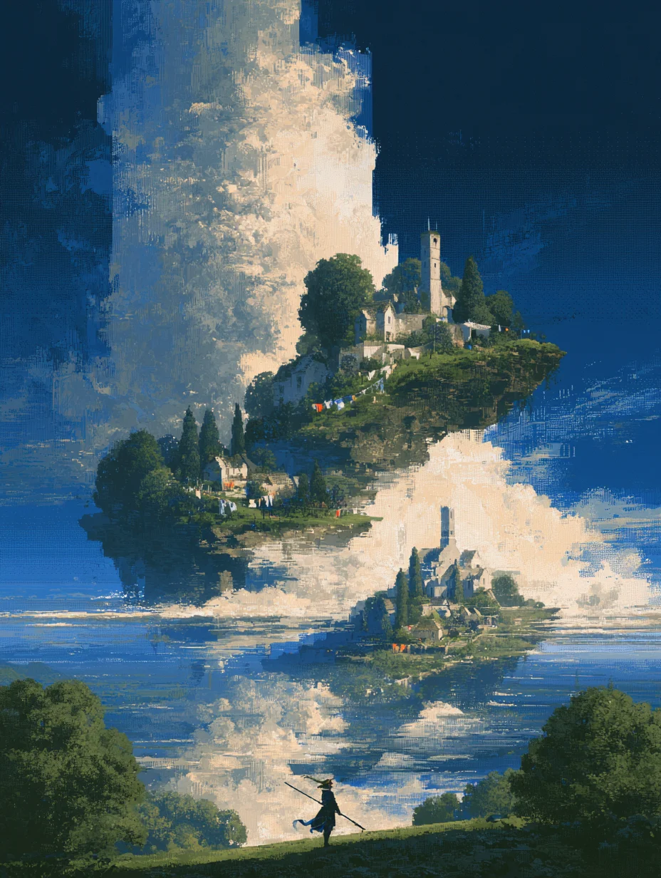 Pixel art fantasy floating village prompt