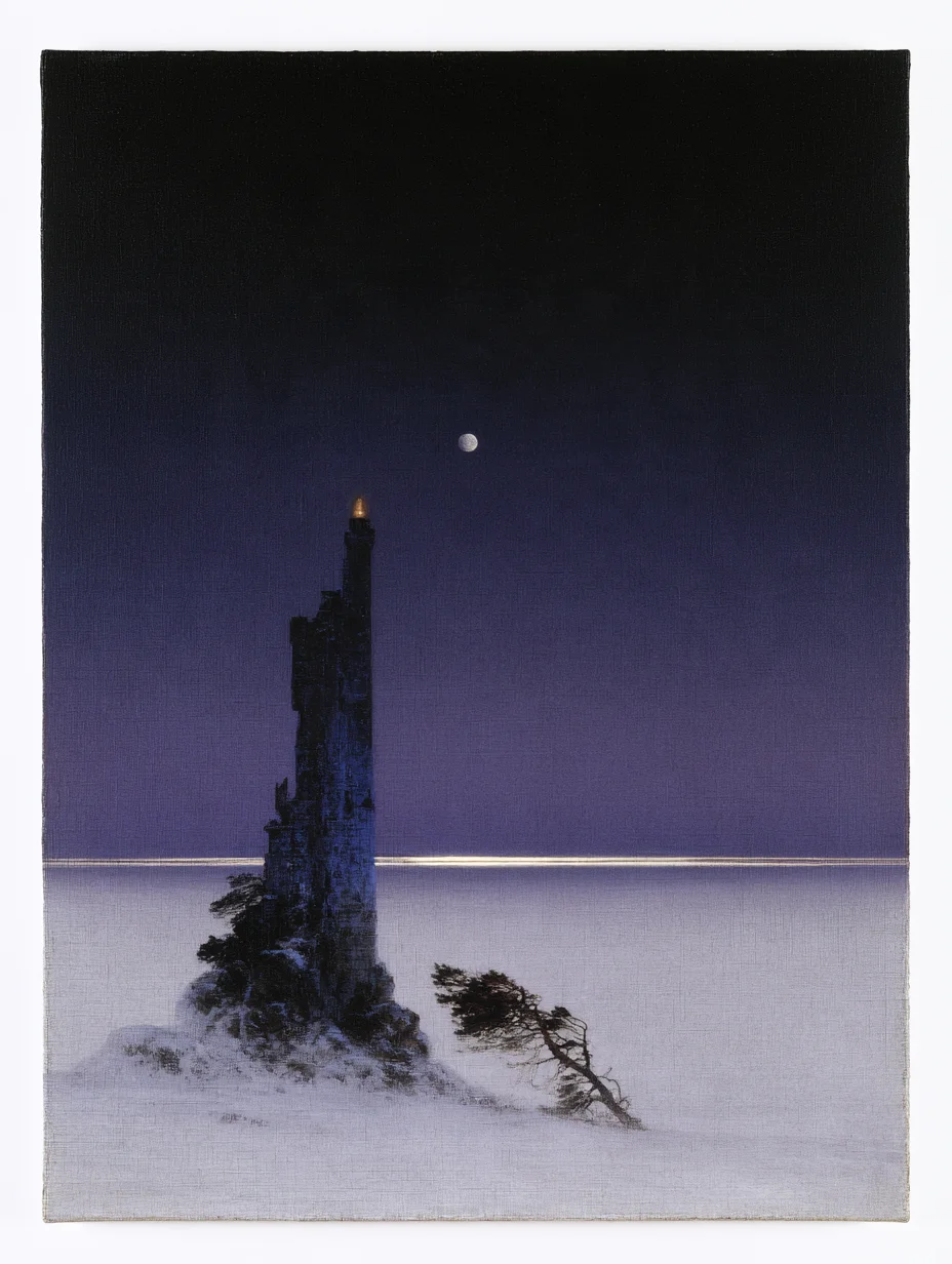 Minimalist surreal landscape watchtower prompt