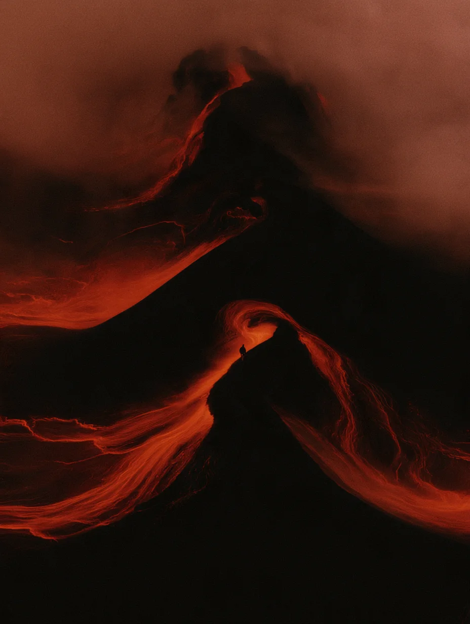 Cinematic volcanic landscape figure prompt