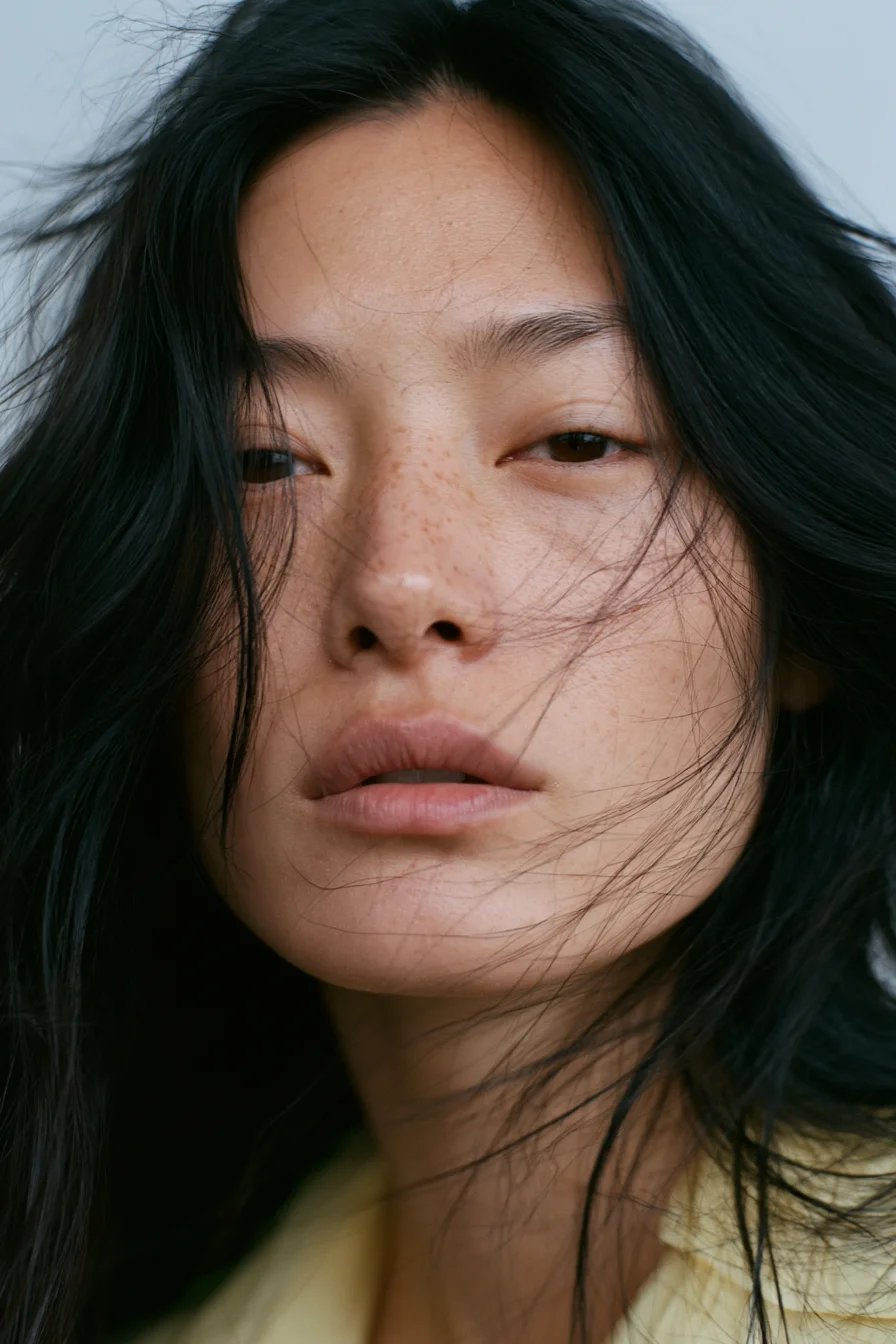Moody editorial portrait asian woman prompt