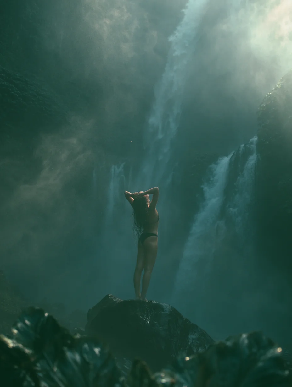 Cinematic tropical waterfall adventure prompt