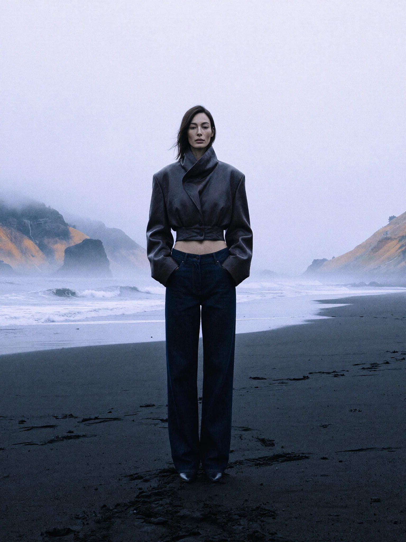 Moody cinematic beach fashion prompt