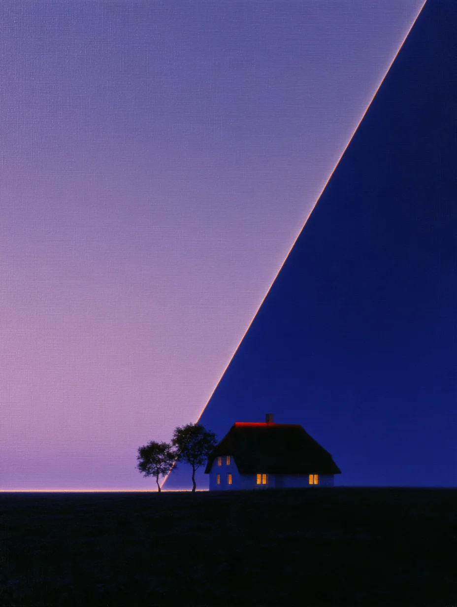 Minimalist twilight cottage landscape prompt