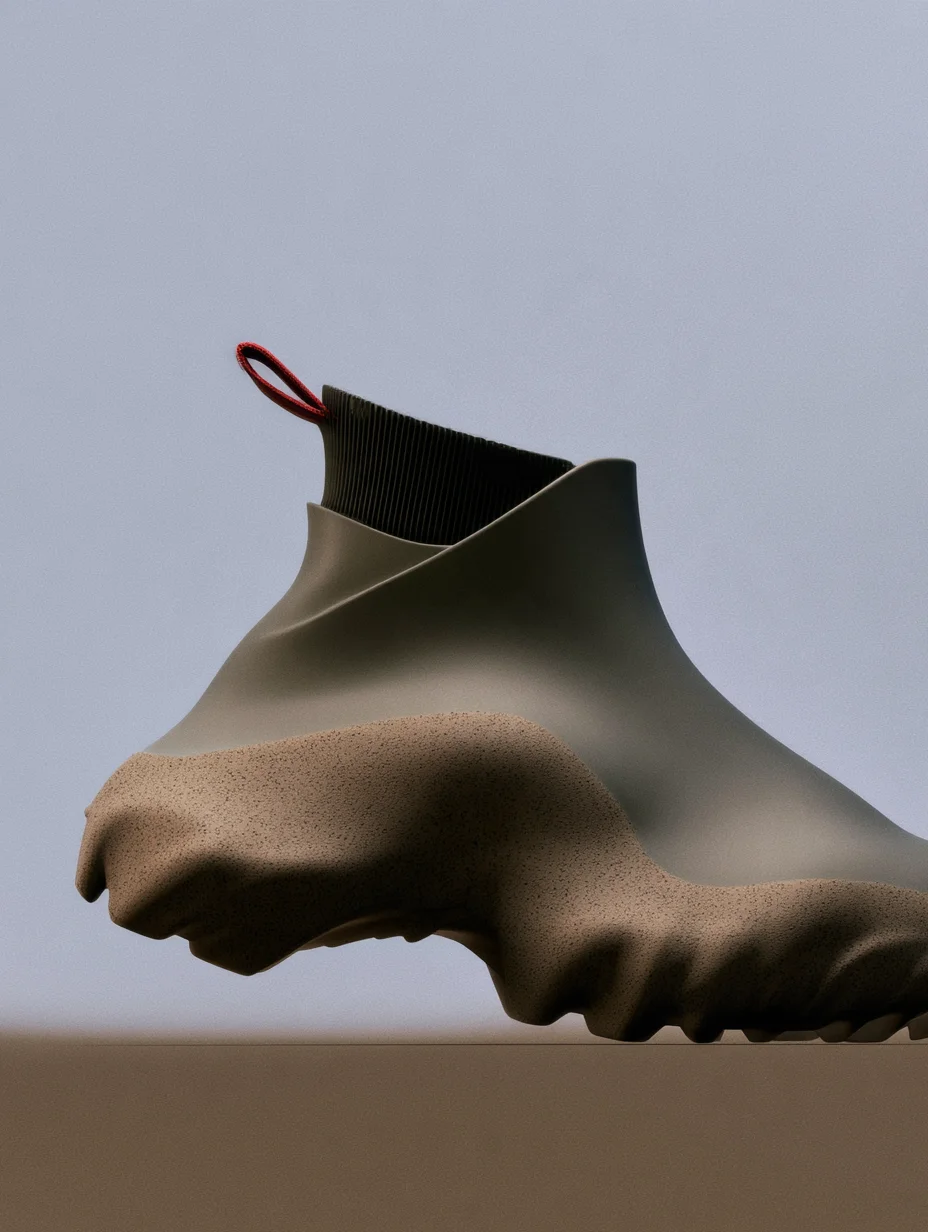 Sculptural industrial footwear design prompt
