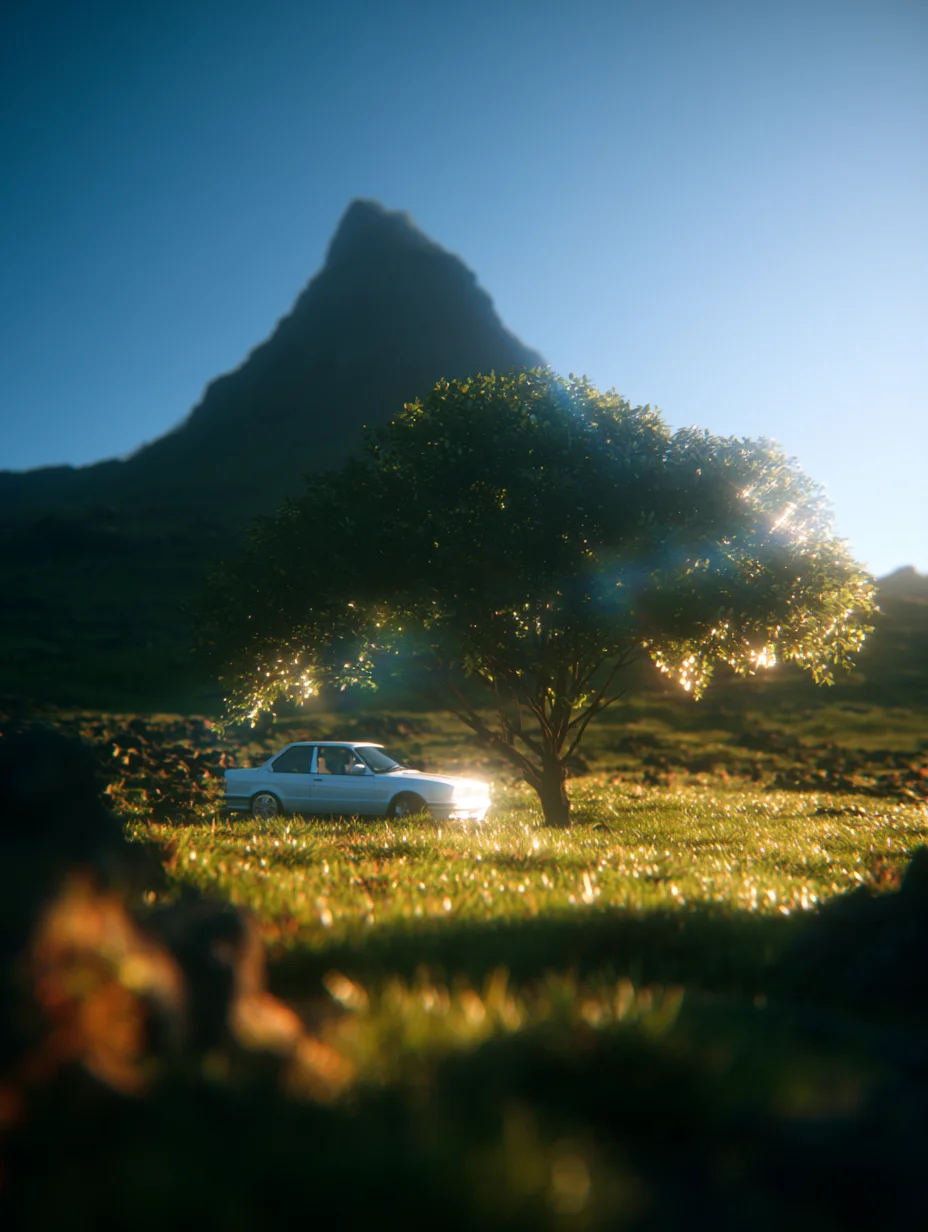 Cinematic surreal landscape car prompt
