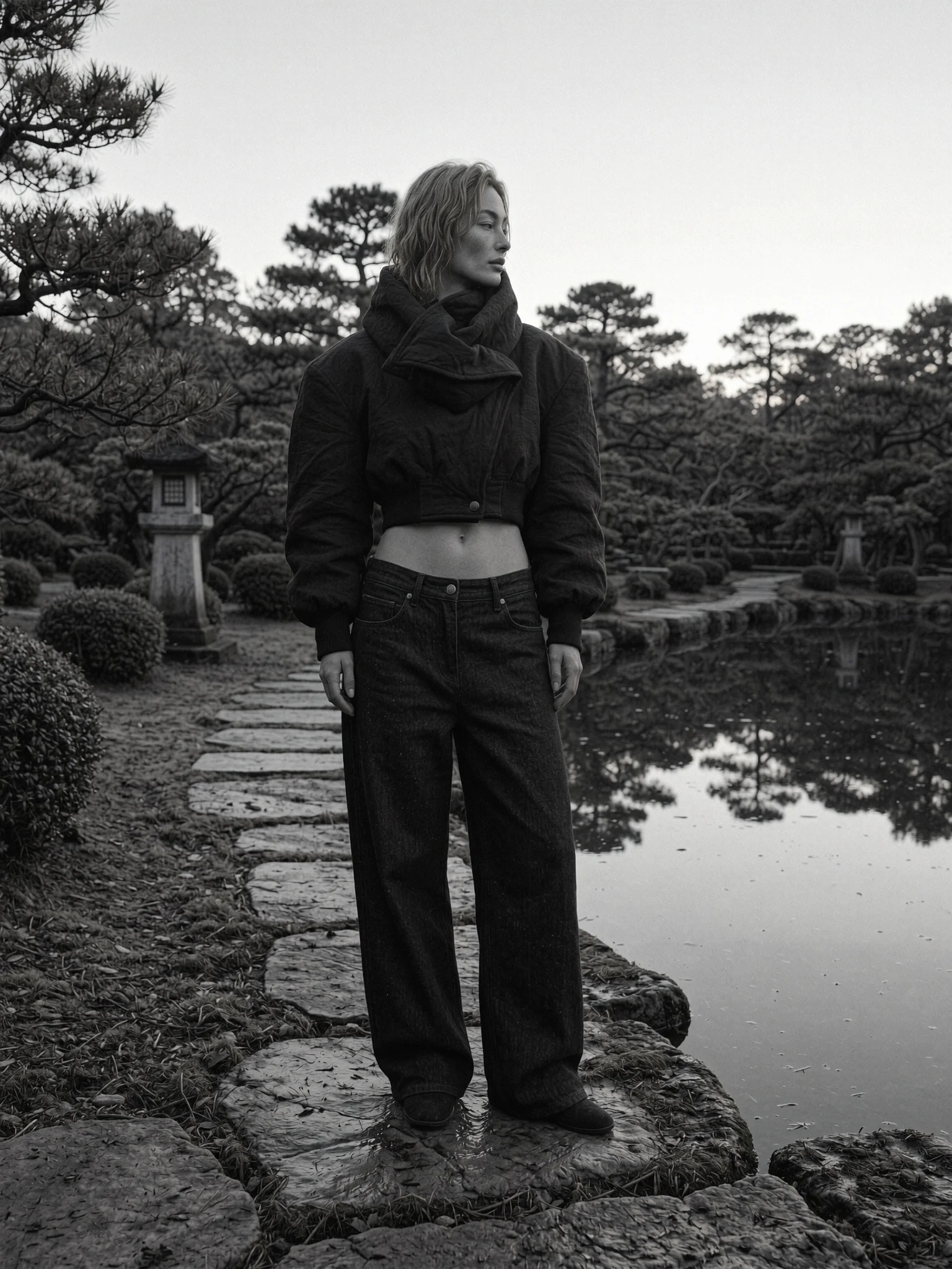 Moody Asian garden fashion editorial prompt