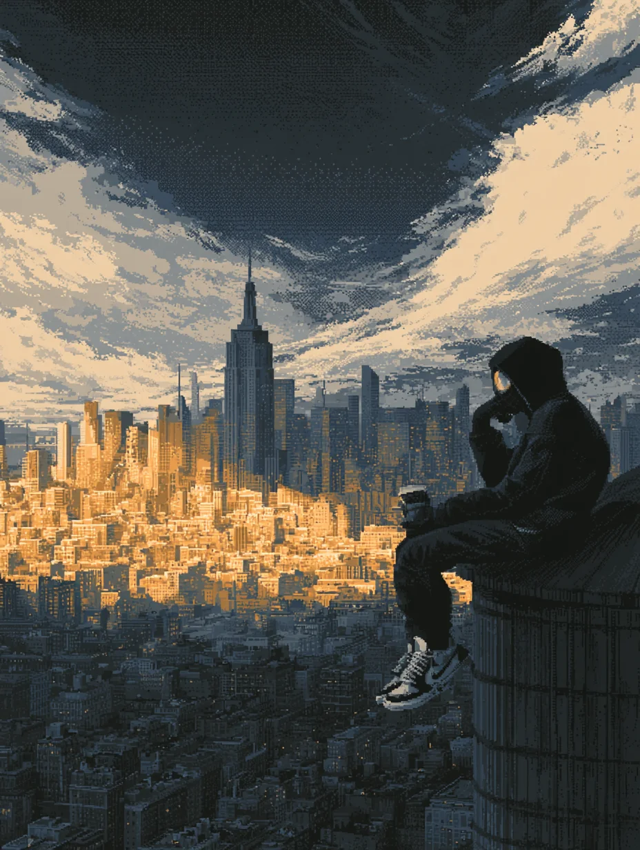 Pixel art cinematic rooftop solitude prompt