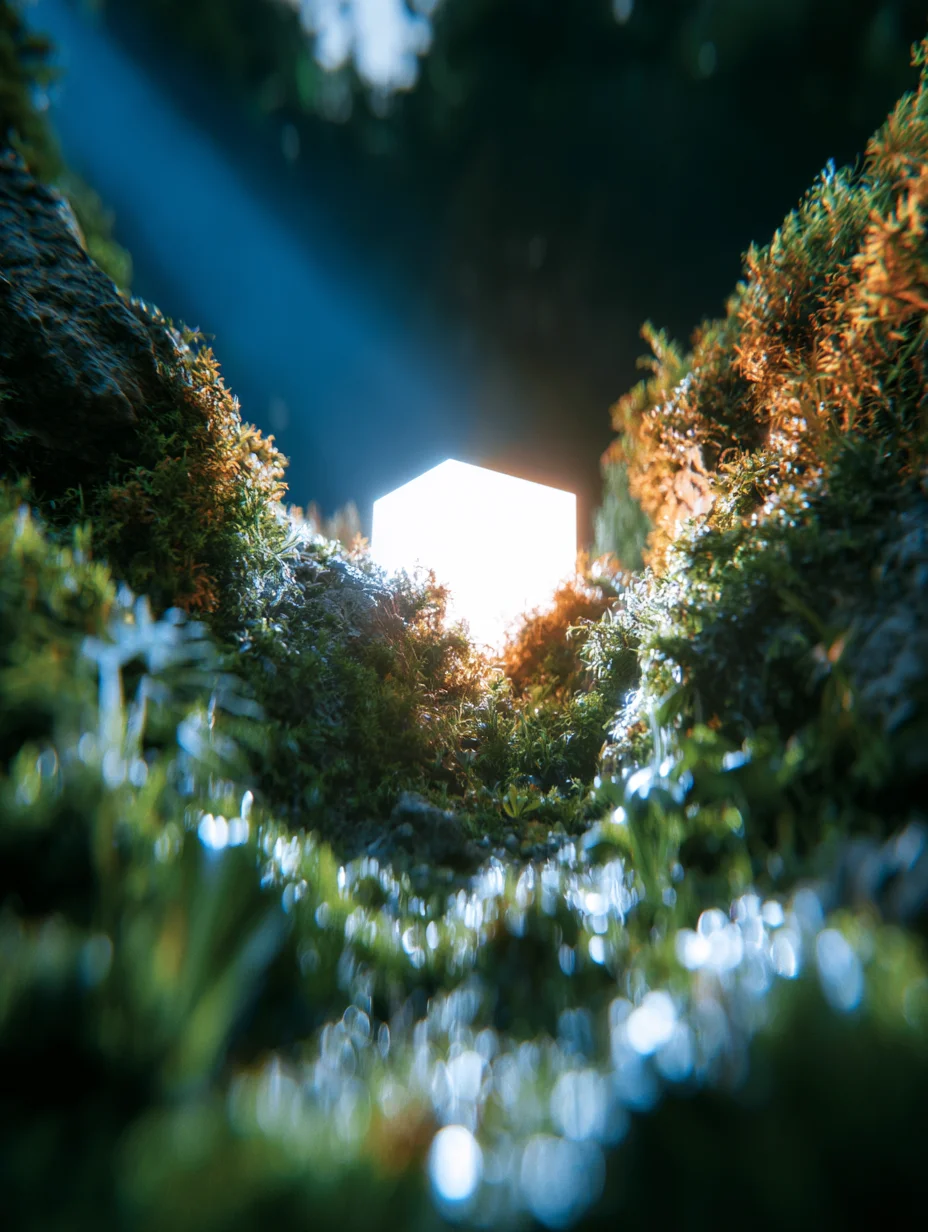 Surreal glowing geometric landscape prompt