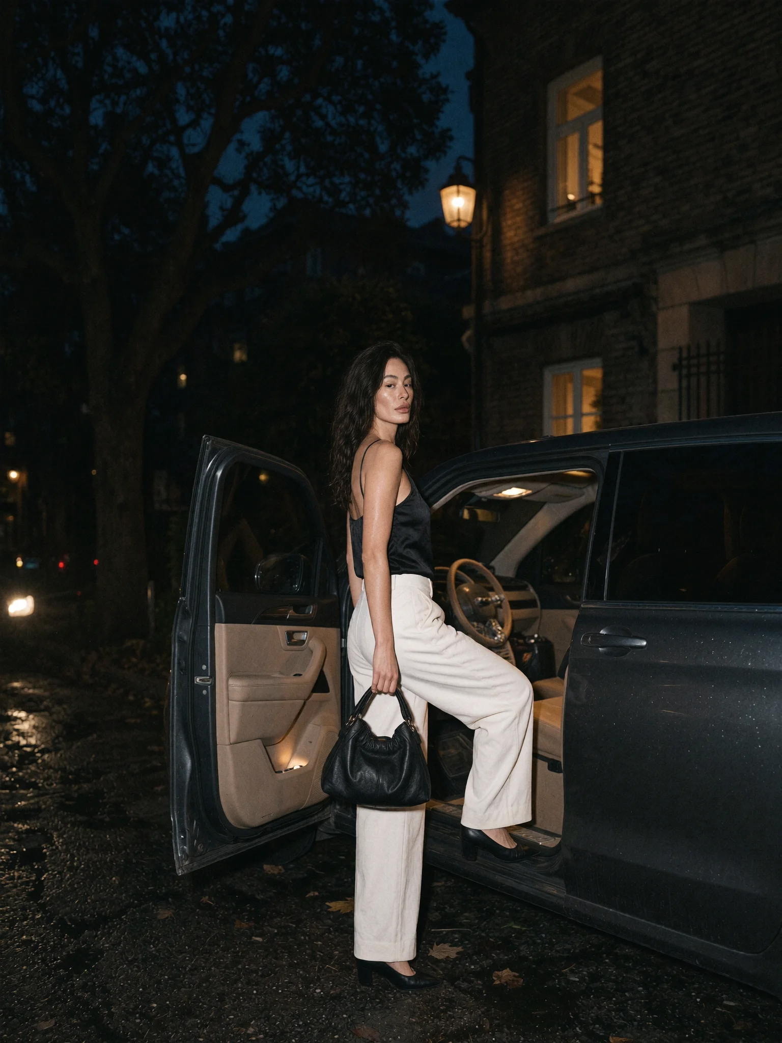 Cinematic nighttime fashion editorial prompt