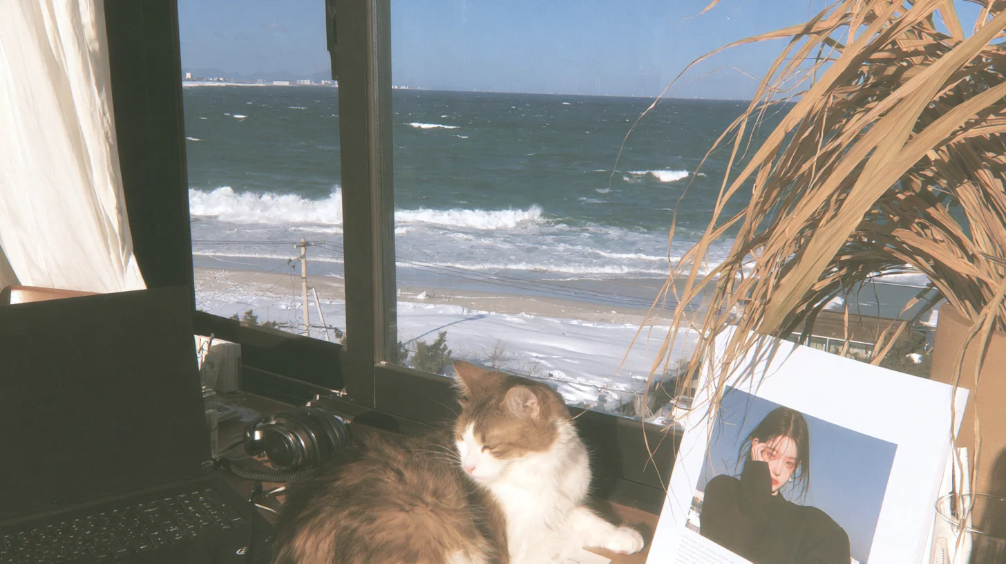 Cozy seaside workspace aesthetic prompt