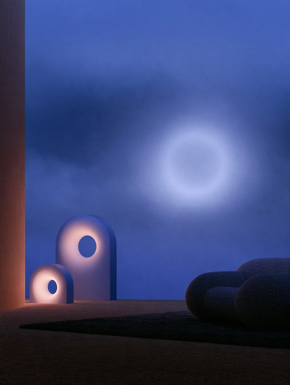 Moody minimalist sculptural lighting prompt