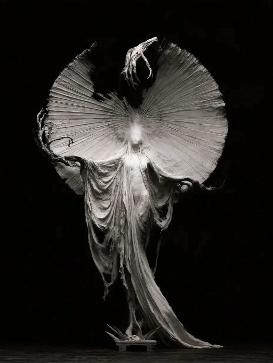 Sculptural monochrome ethereal fashion prompt
