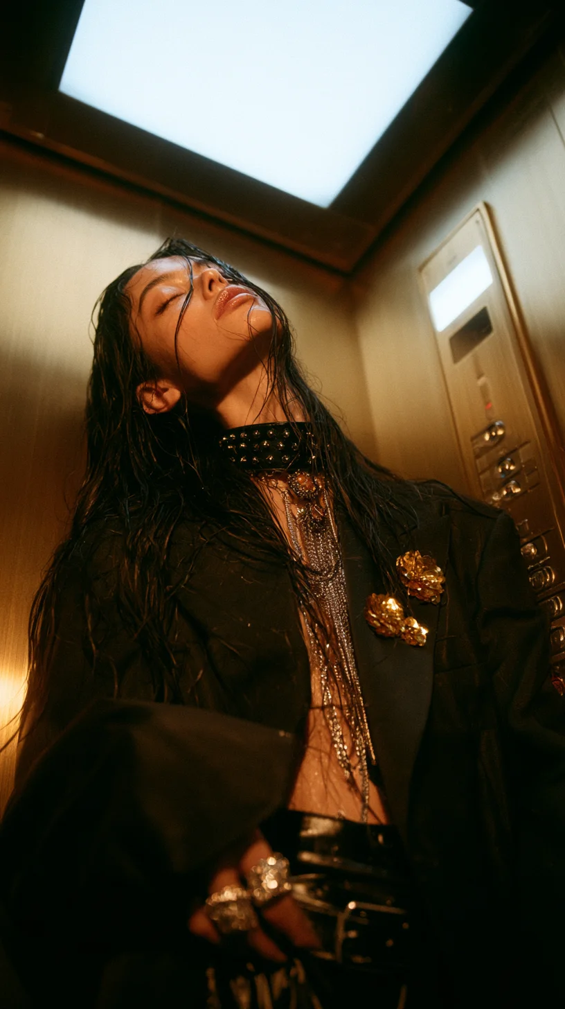 Cinematic elevator fashion editorial prompt
