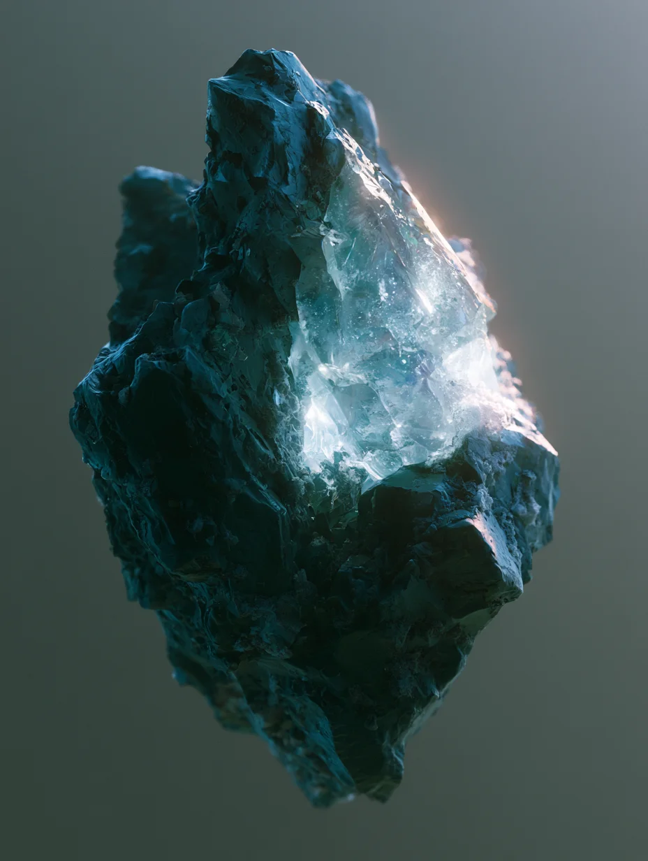 Floating asteroid shard: jagged slate with a glowing icy quartz core, micro-detail (frosted chips, fine dust), no vegetation, studio HDRI with cool back rim, faint volumetric glow, centered, not touching frame, clean charcoal background, palette: teal-cyan + slate, mood: sci-fi relic, 85mm product shot, sharp focus, no motion blur, ultra crisp detail --chaos 8 --ar 3:4 --raw --profile u38j5dt --stylize 80 --v 8.1