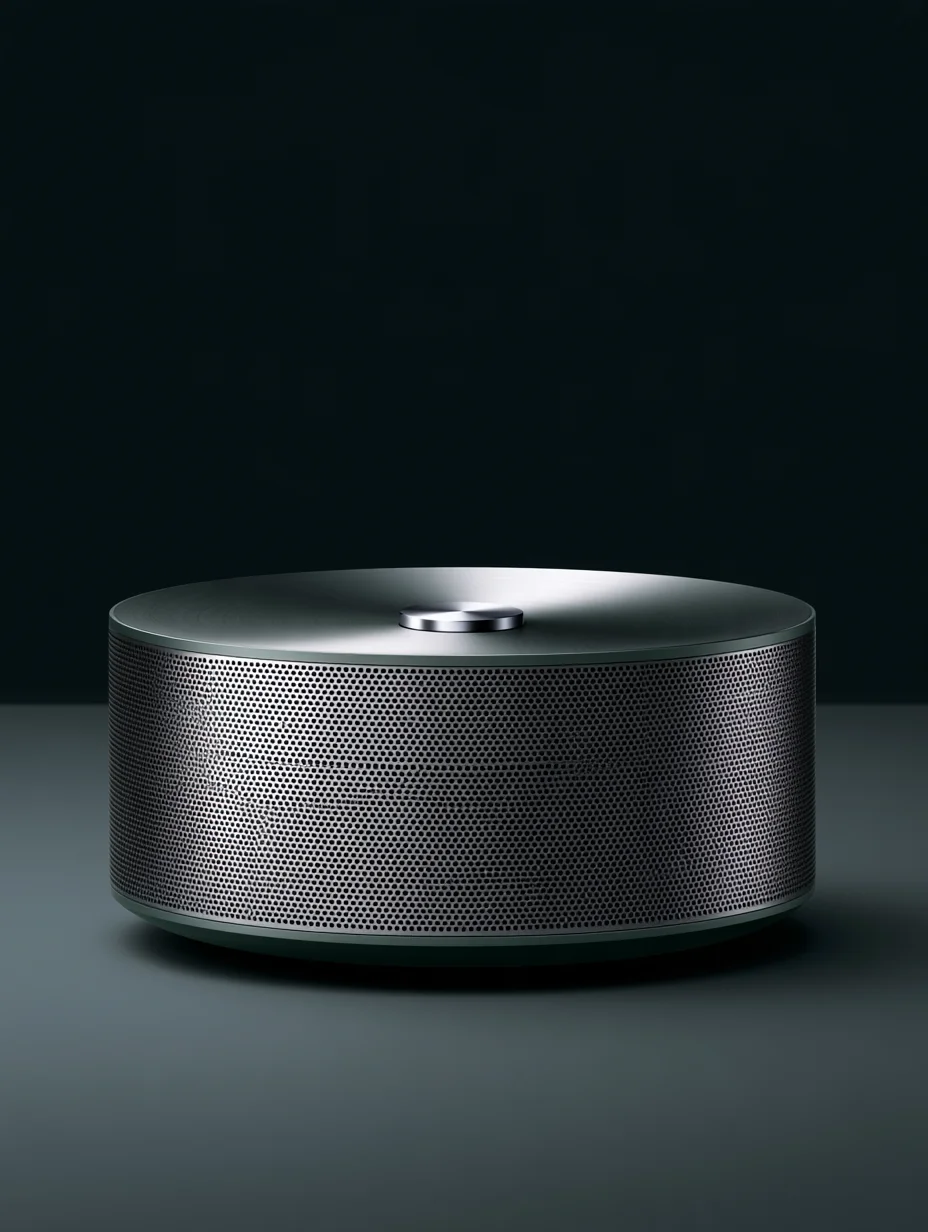 Minimalist metallic speaker product prompt