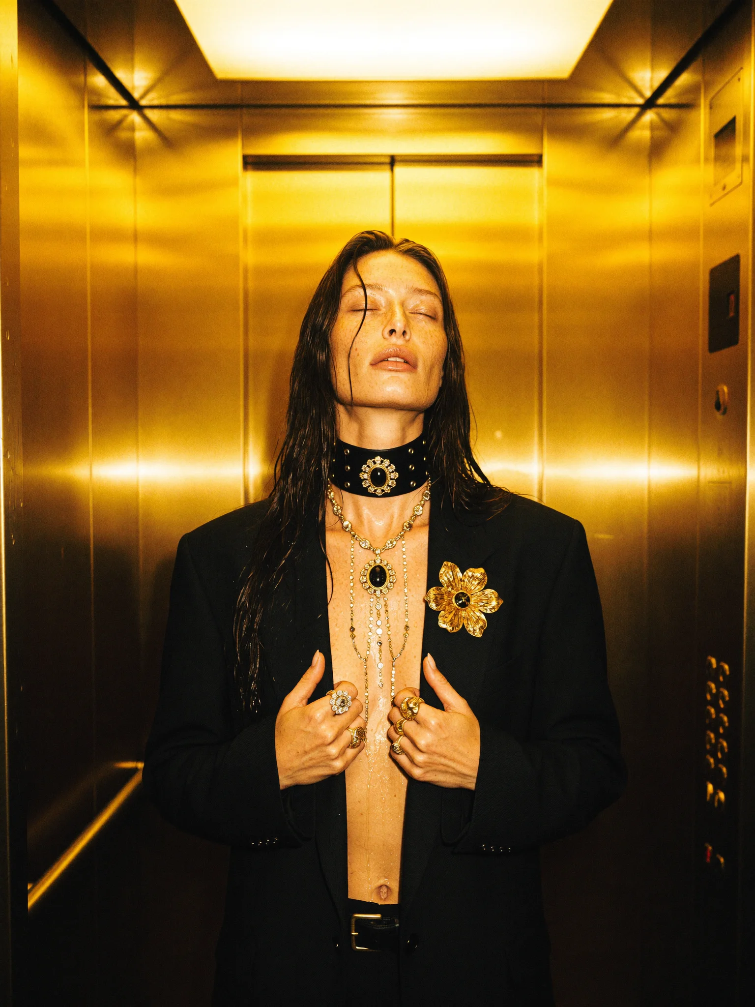 Luxe elevator fashion editorial prompt