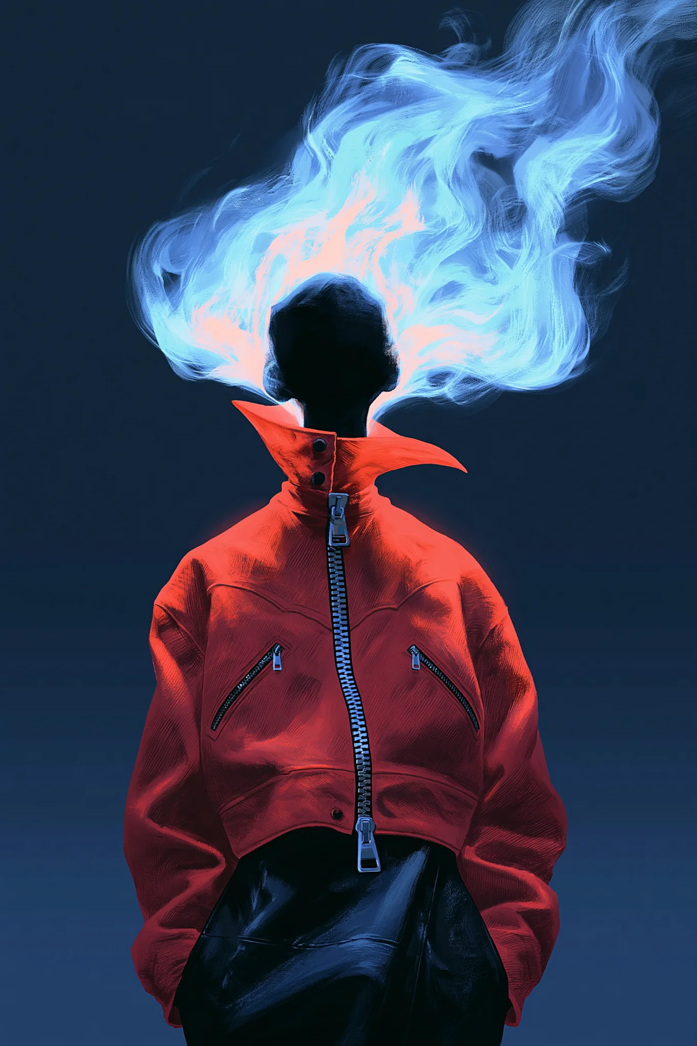 Surreal faceless portrait with ethereal flames prompt