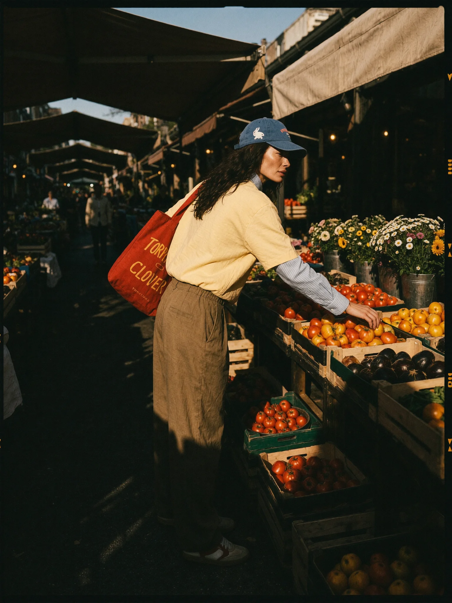 Cinematic vintage farmers market fashion prompt