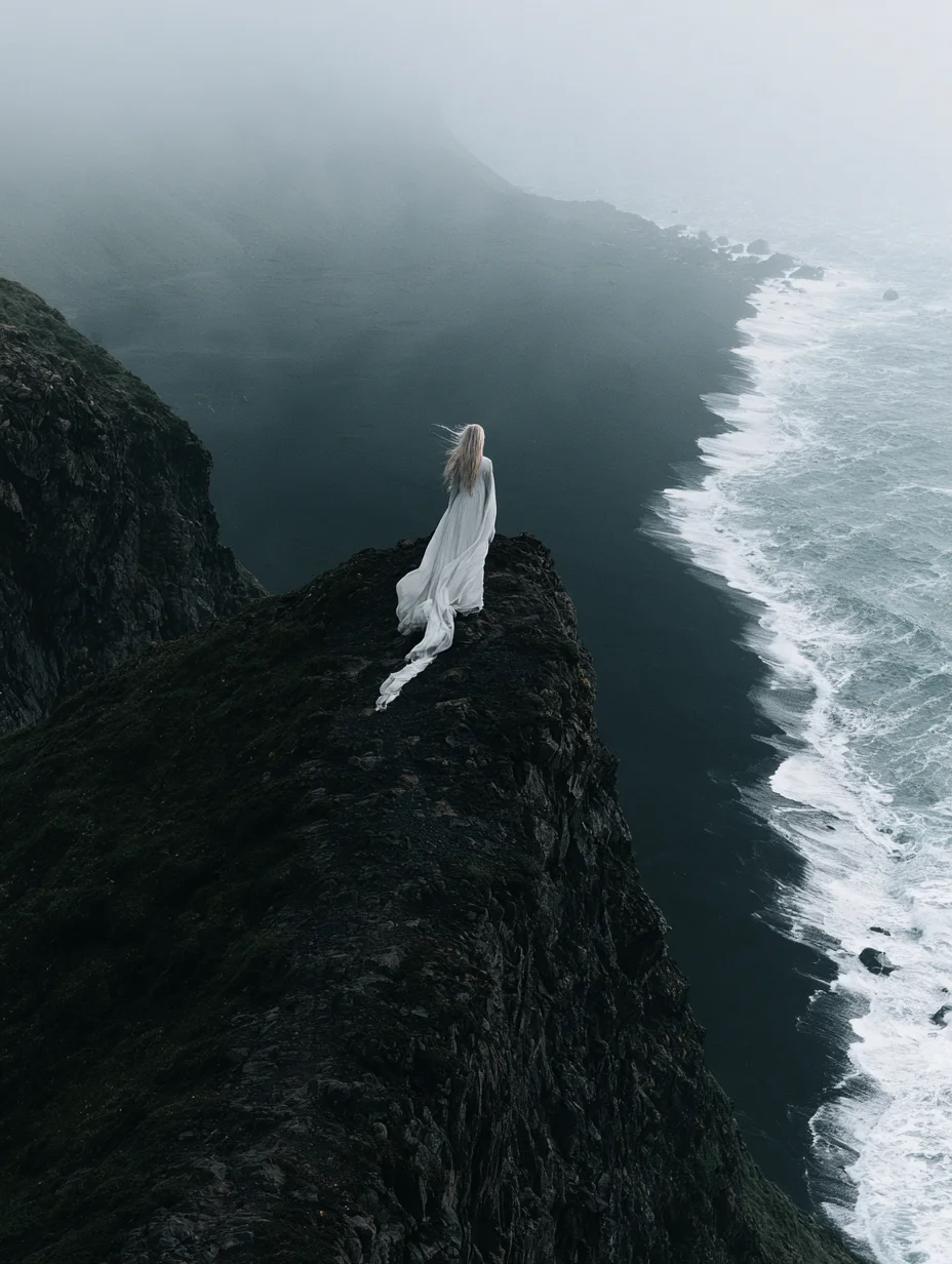 Moody cinematic cliffside fashion prompt