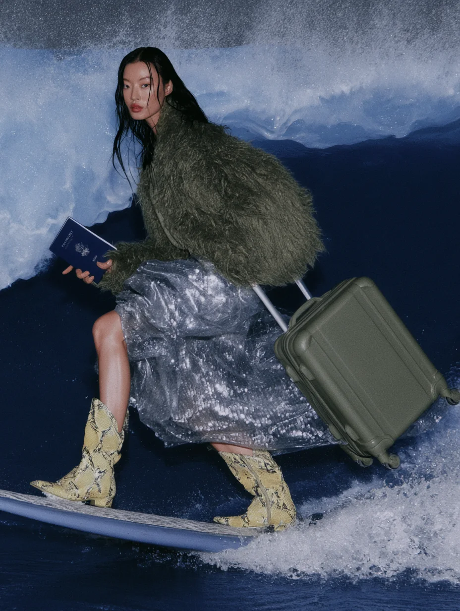 Surreal fashion travel editorial prompt