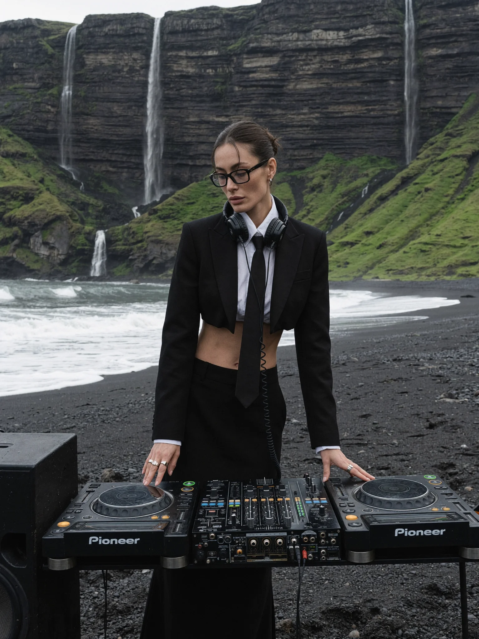 Moody editorial DJ beach portrait prompt