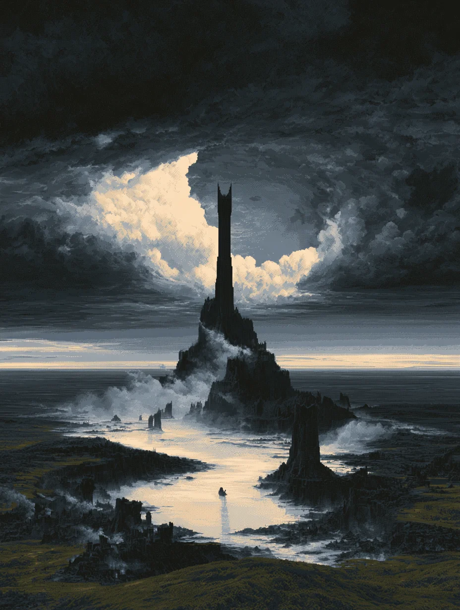Dark fantasy tower ruins pixel art prompt