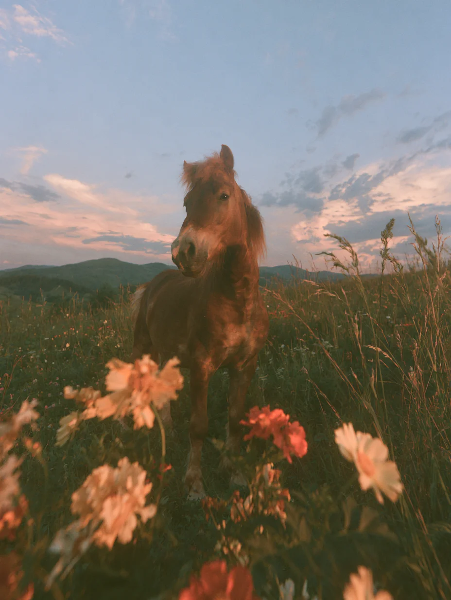 Cinematic golden hour horse portrait prompt