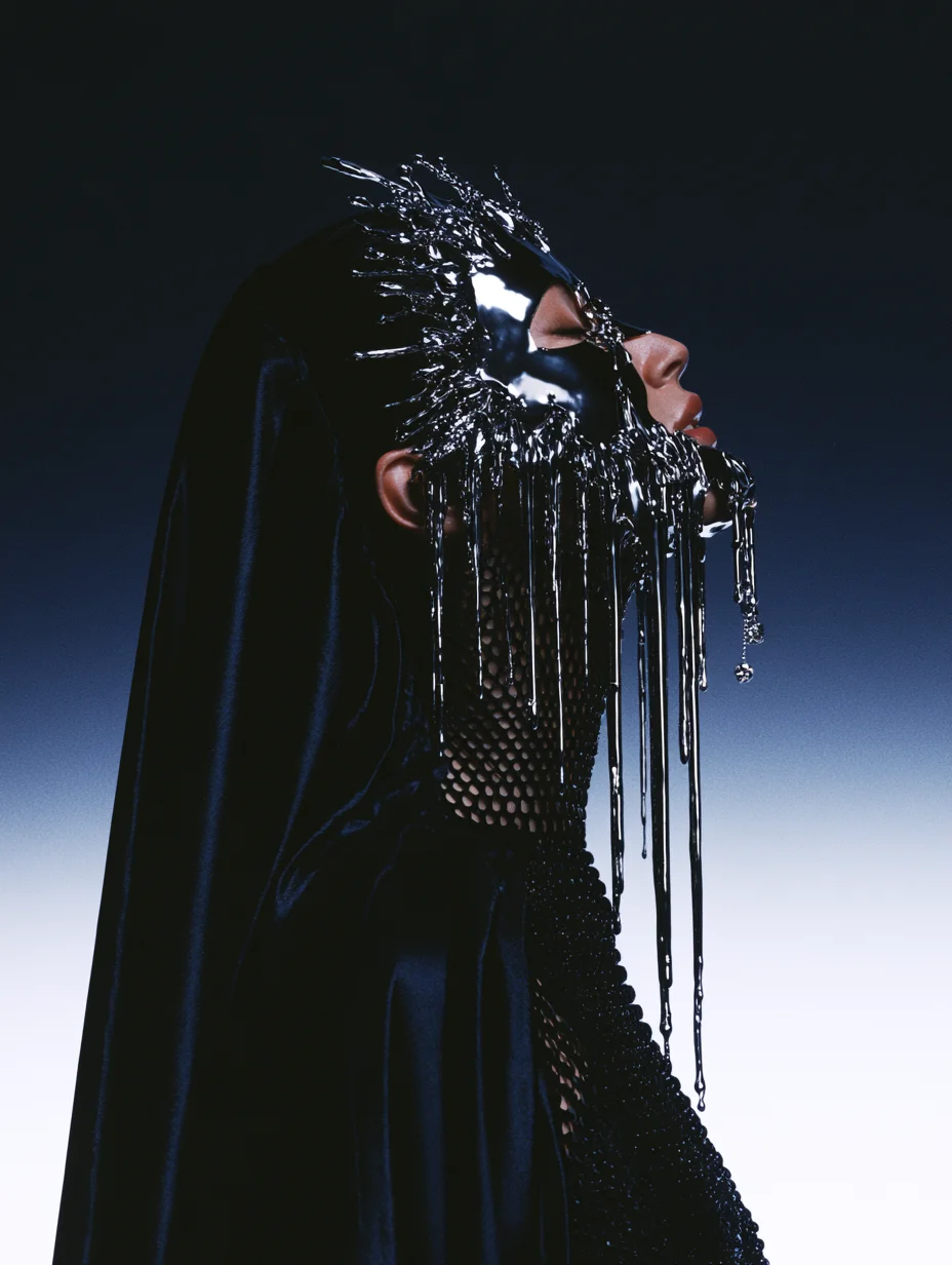 Futuristic liquid chrome fashion portrait prompt