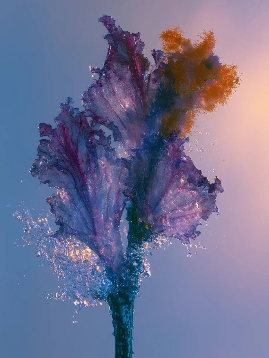 Ethereal macro floral water splash prompt