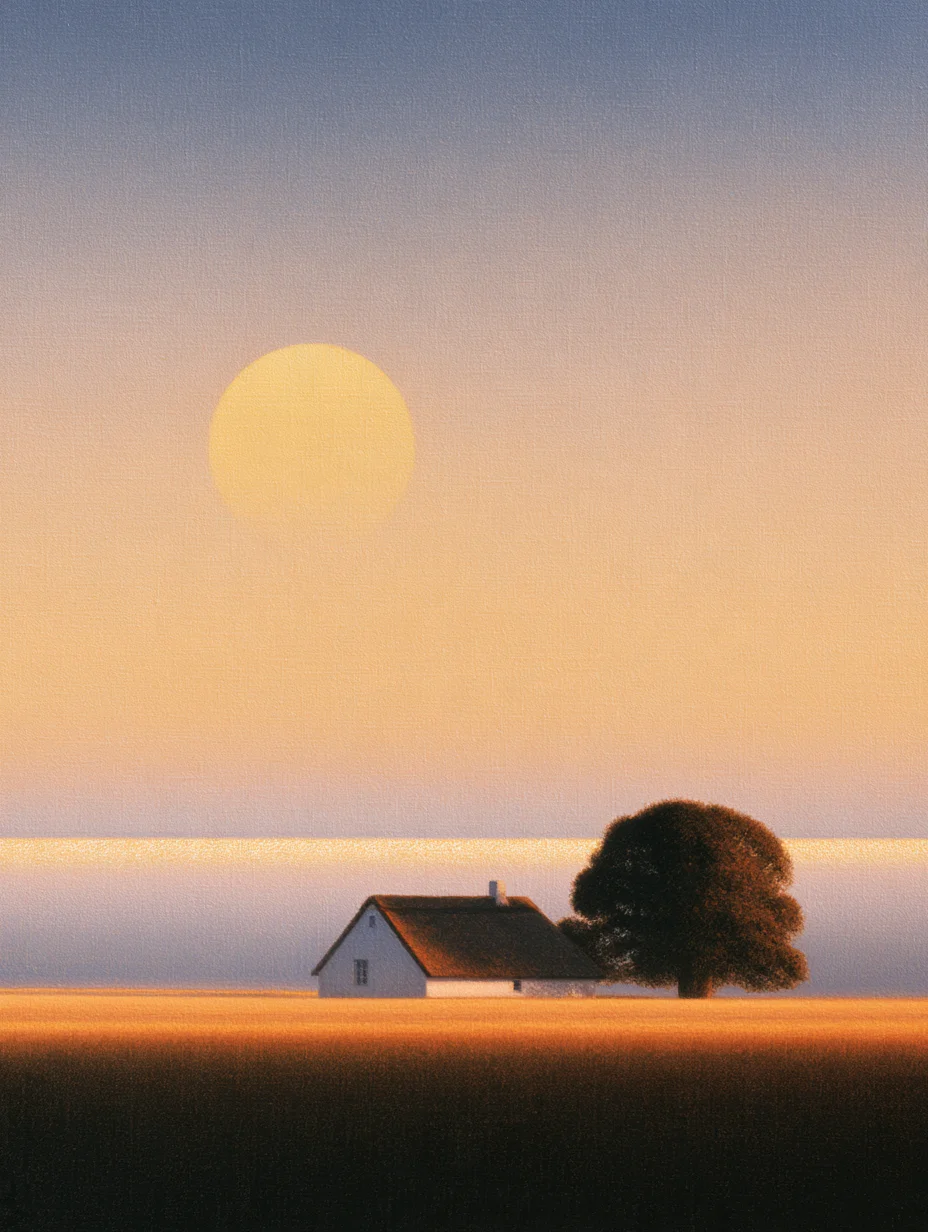 Minimalist landscape cottage sunset prompt