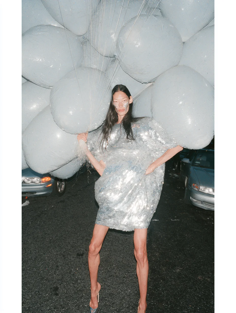 Cinematic editorial fashion balloons prompt