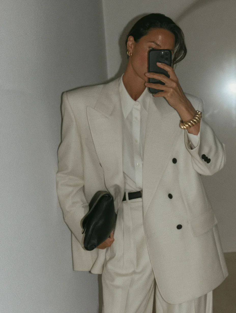 Minimalist cream blazer mirror selfie prompt