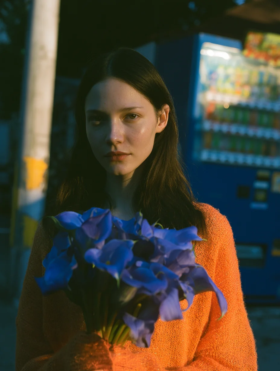 A person in an orange sweater holds blue calla lilies in an urban setting, with a vending machine and pole in the background. --chaos 10 --ar 3:4 --raw --profile u38j5dt --stylize 150 --v 8.1