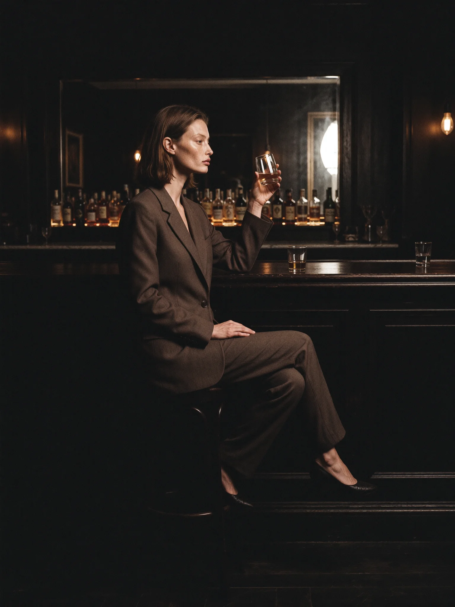 Moody cinematic bar portrait prompt