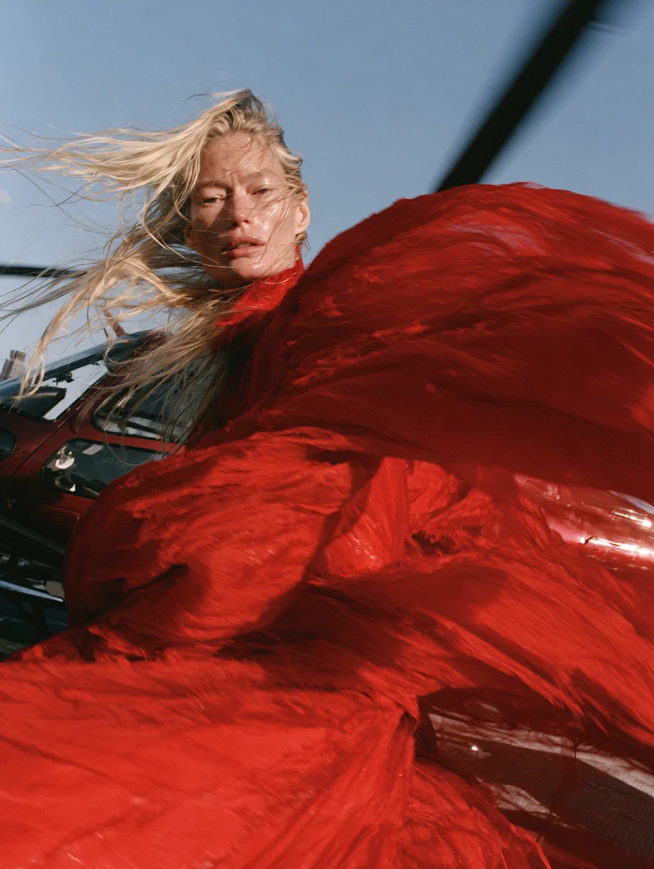Cinematic fashion editorial red dress prompt