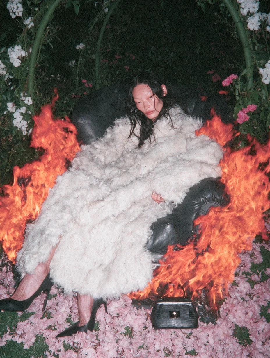 Surreal fashion editorial fire prompt