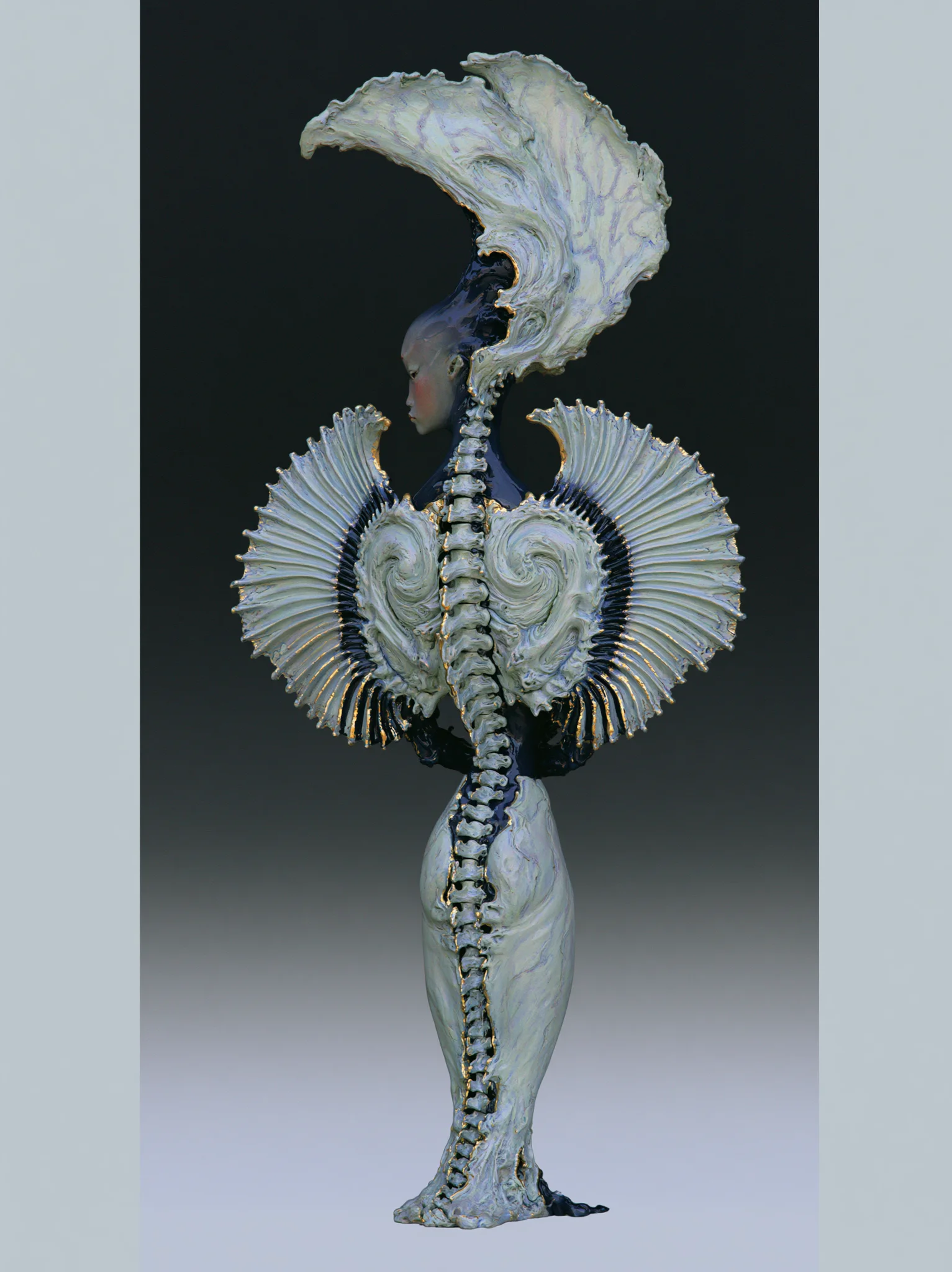 Sculptural alien fashion editorial prompt