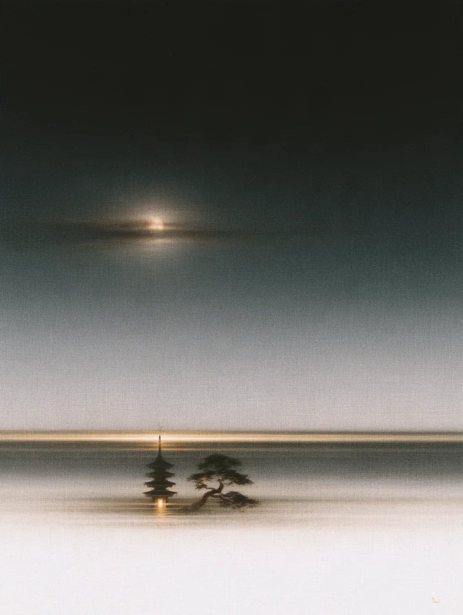Minimalist moonlit landscape pagoda prompt