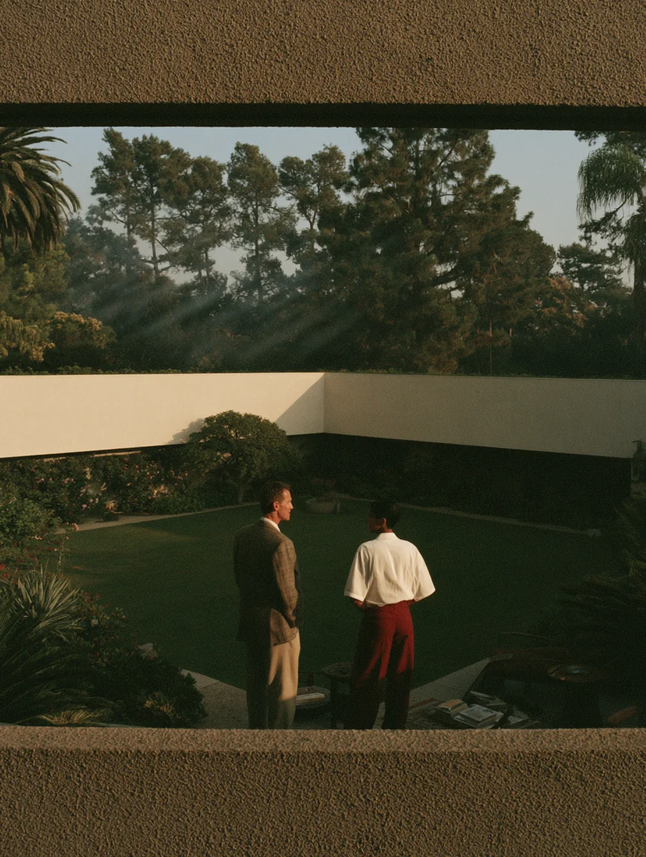 Cinematic 1980s minimalist courtyard prompt